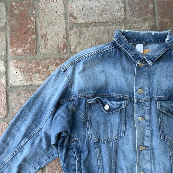 H&M & Denim Jacket Cropped Blue Size M 90s Pockets Elastic Waist - Picture 3 of 9